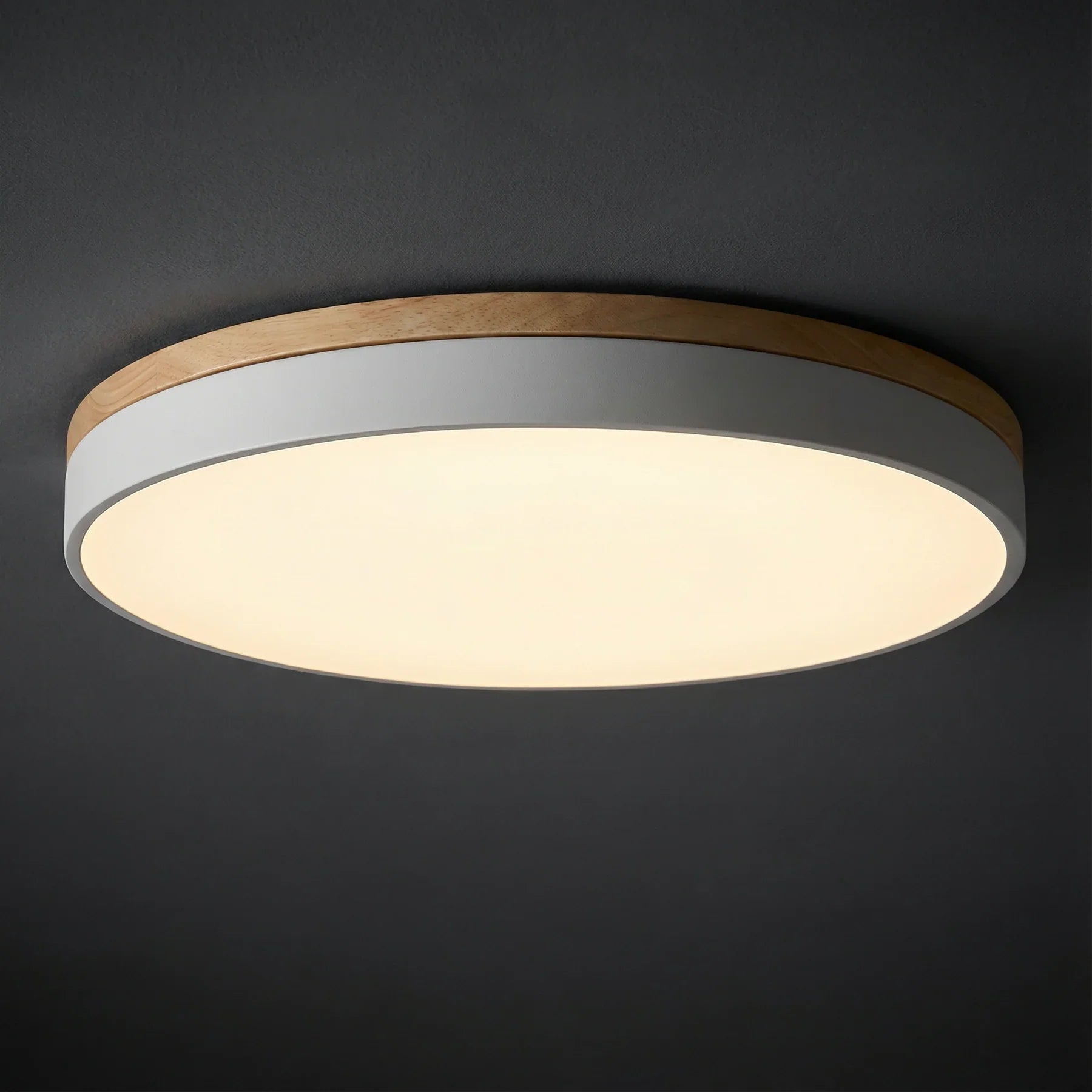 Aurelia Flush LED Ceiling Light with Wood Trim, close-up view