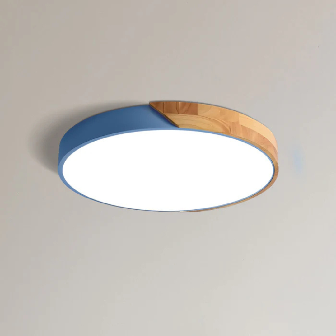 Marlowe Scandinavian Wood Flush Ceiling Light, lifestyle setting