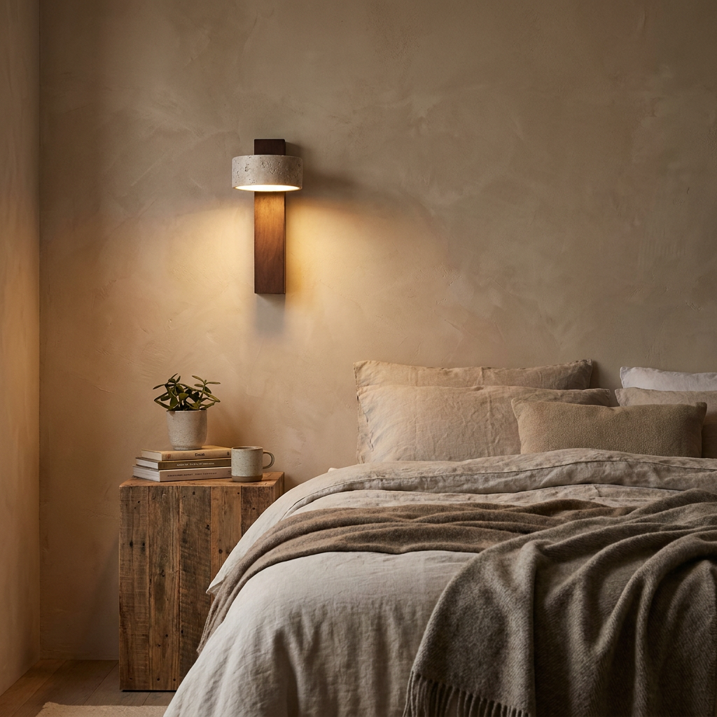 Jora Wall Light Travertine Wood - lifestyle bedroom