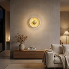 Vela Travertine Wall Sconce Log Wood - lifestyle front view accurate scale