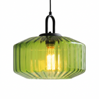 Ribbed Glass Pendant Light - Vintage Green Glass Hanging Light with Modern Appeal