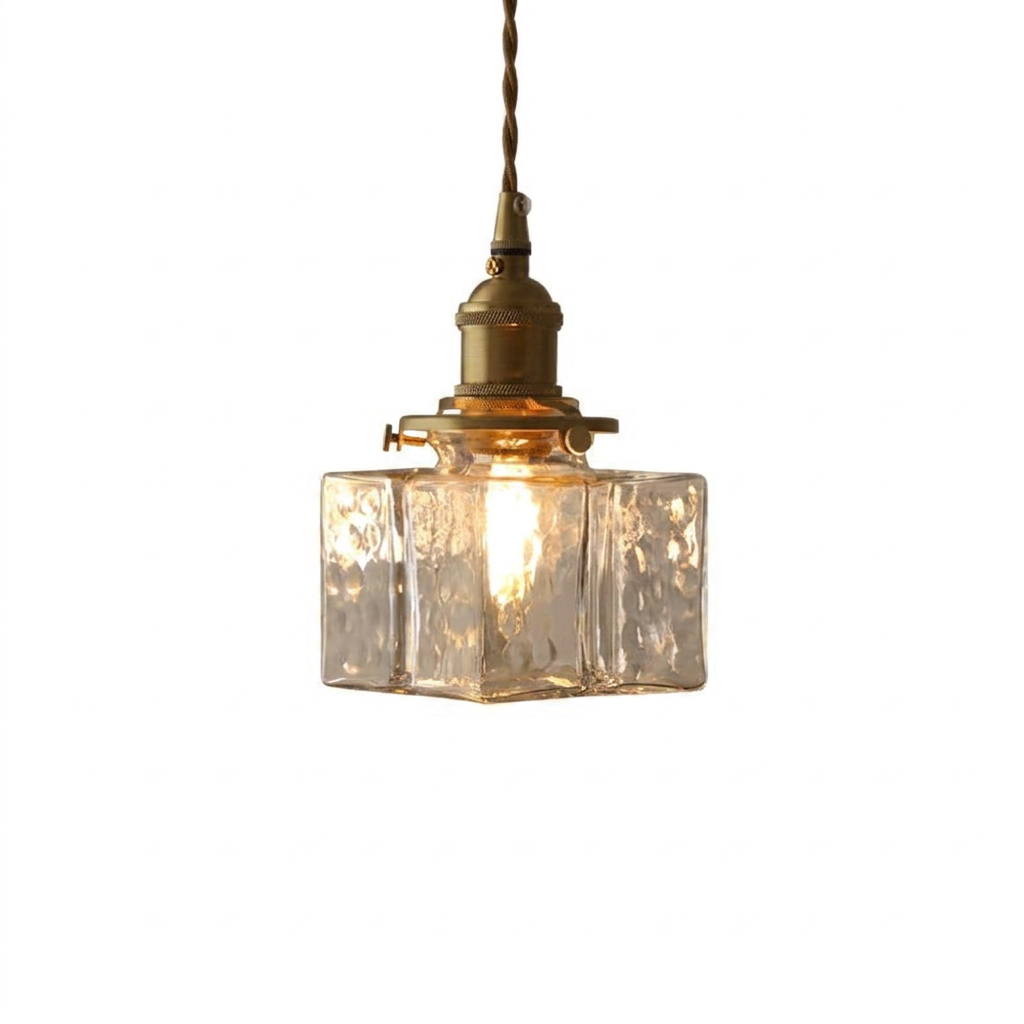 Traditional Vintage Square Rectangle Ripple Glass Iron 1-Light Pendant Light For Living Room