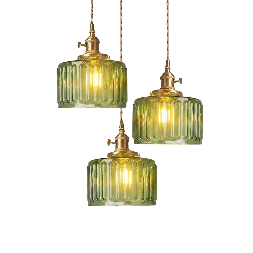 Japanese Vintage Simple Brass Glass Ribbed Cylinder Pendant Light